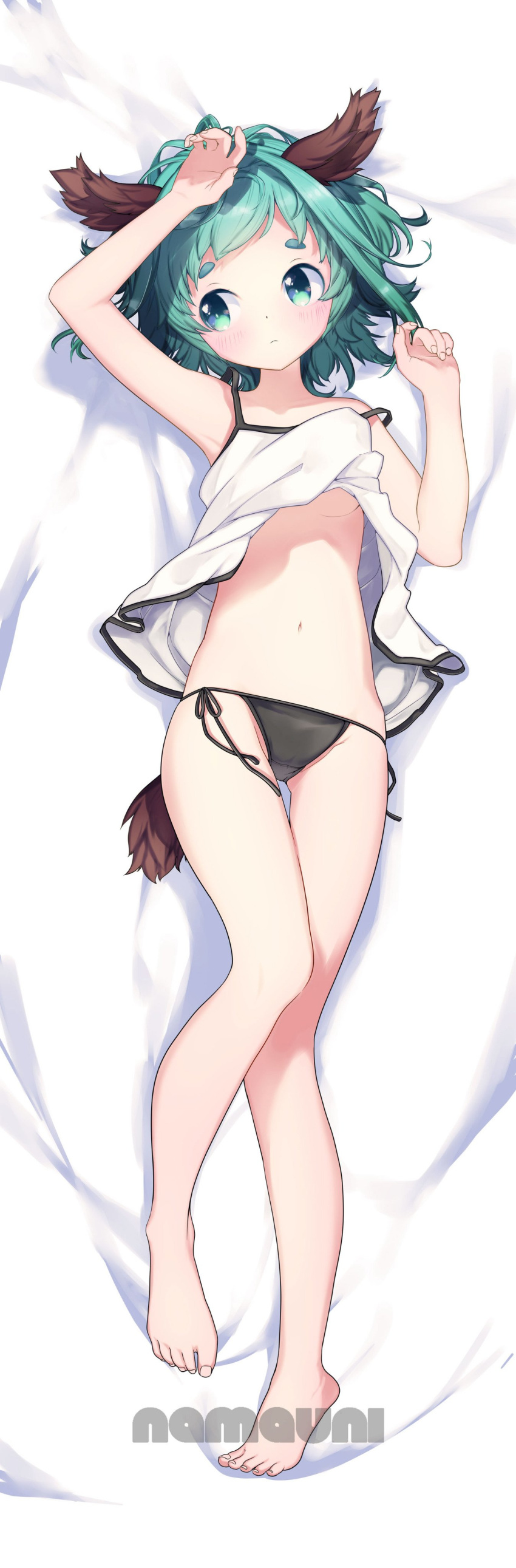 :&lt; absurdres animal_ears arm_up artist_name bare_arms bare_legs bare_shoulders barefoot bed_sheet black_panties blush breasts camisole dakimakura feet fingernails full_body green_eyes green_hair head_tilt highres kasodani_kyouko looking_away lying namauni navel no_bra on_back panties short_eyebrows short_hair side-tie_panties small_breasts solo stomach strap_gap strap_slip tail thick_eyebrows thigh_gap toenails touhou underwear