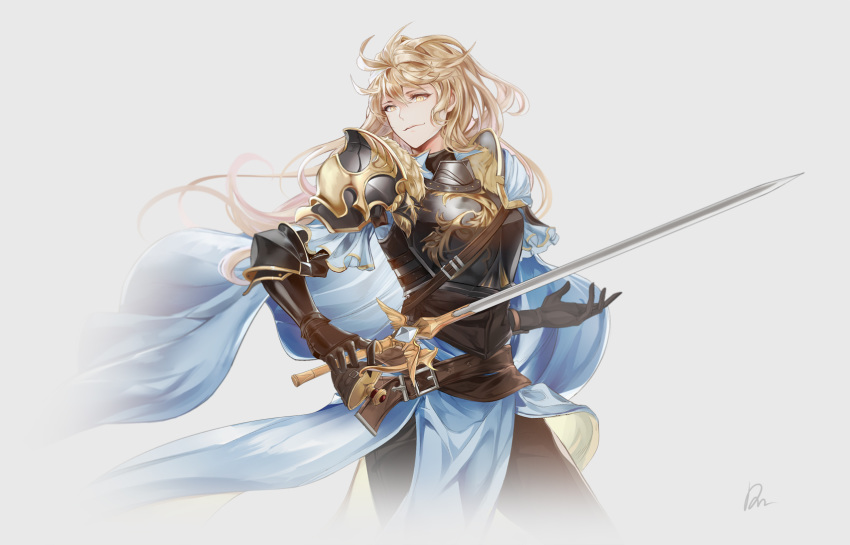 armor belt black_gloves blonde_hair blue_cape buckle cape chest_plate closed_mouth dow flask floating floating_hair gauntlets gem gloves highres holding holding_sword holding_weapon knight long_hair original shoulder_armor simple_background smile sword upper_body very_long_hair weapon white_background yellow_eyes