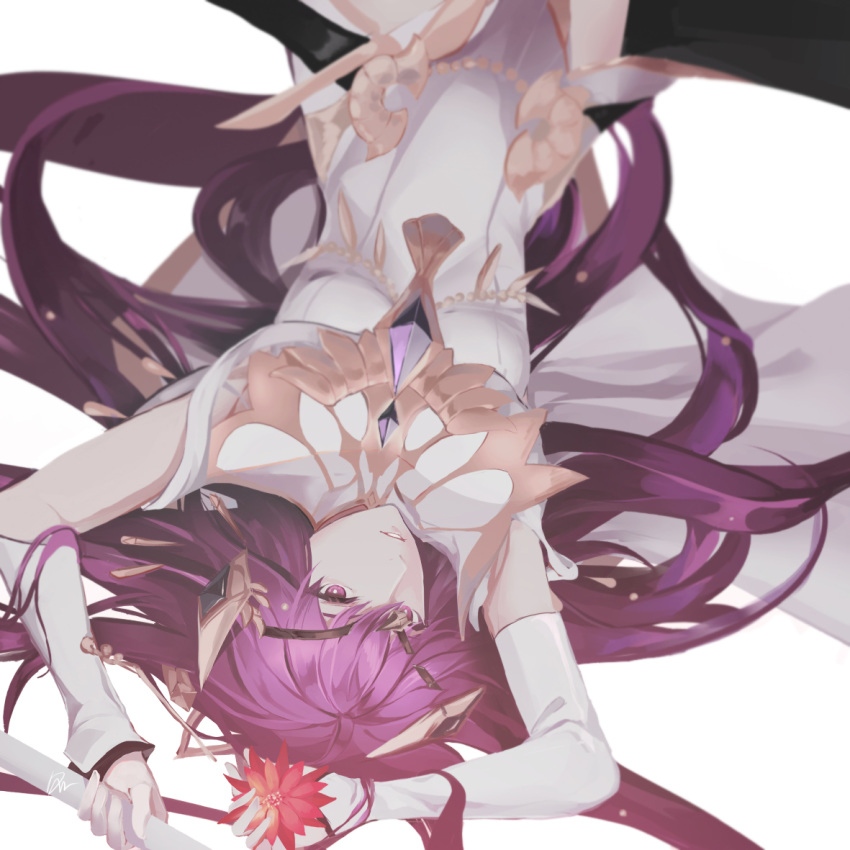 arms_up breasts cape collared_dress dow elbow_gloves flower gem gloves hair_ornament holding holding_flower karin_(seven_kinghts) looking_at_viewer lying on_back parted_lips petals pink_hair purple_eyes red_flower seven_knights simple_background small_breasts white_background