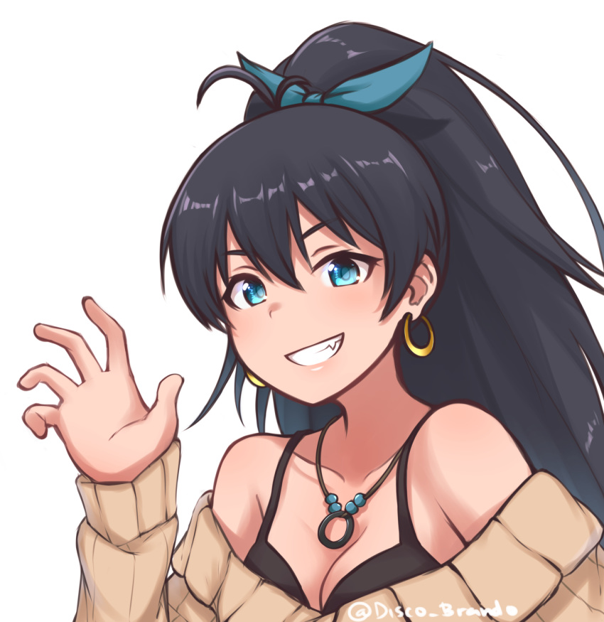 :d artist_name bare_shoulders beige_sweater black_hair blue_eyes blue_ribbon breasts cleavage collarbone commentary disco_brando earrings eyebrows_visible_through_hair fang ganaha_hibiki grin hair_between_eyes hair_ribbon hand_up highres hoop_earrings idolmaster idolmaster_(classic) idolmaster_million_live! idolmaster_million_live!_theater_days jewelry long_hair looking_at_viewer medium_breasts necklace off-shoulder_sweater open_mouth ponytail ribbed_sweater ribbon simple_background smile solo sweater teeth twitter_username upper_body white_background