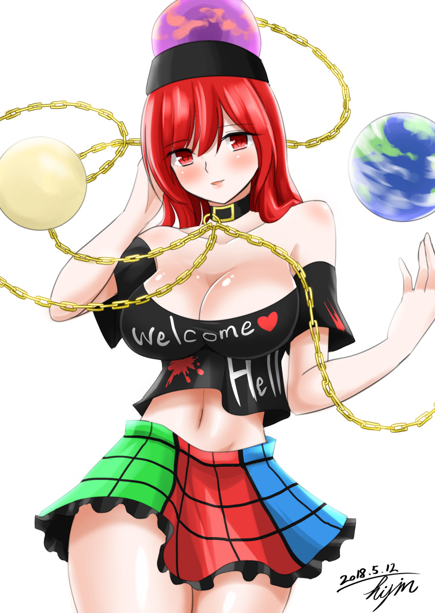 absurdres bare_shoulders blush breasts chain choker cleavage clothes_writing collarbone commentary_request crop_top dated earth_(ornament) eyebrows_visible_through_hair hand_in_hair hecatia_lapislazuli highres hisin large_breasts looking_at_viewer microskirt midriff_peek moon_(ornament) multicolored multicolored_clothes multicolored_skirt navel off-shoulder_shirt red_eyes red_hair shirt signature simple_background skirt solo thighs touhou white_background