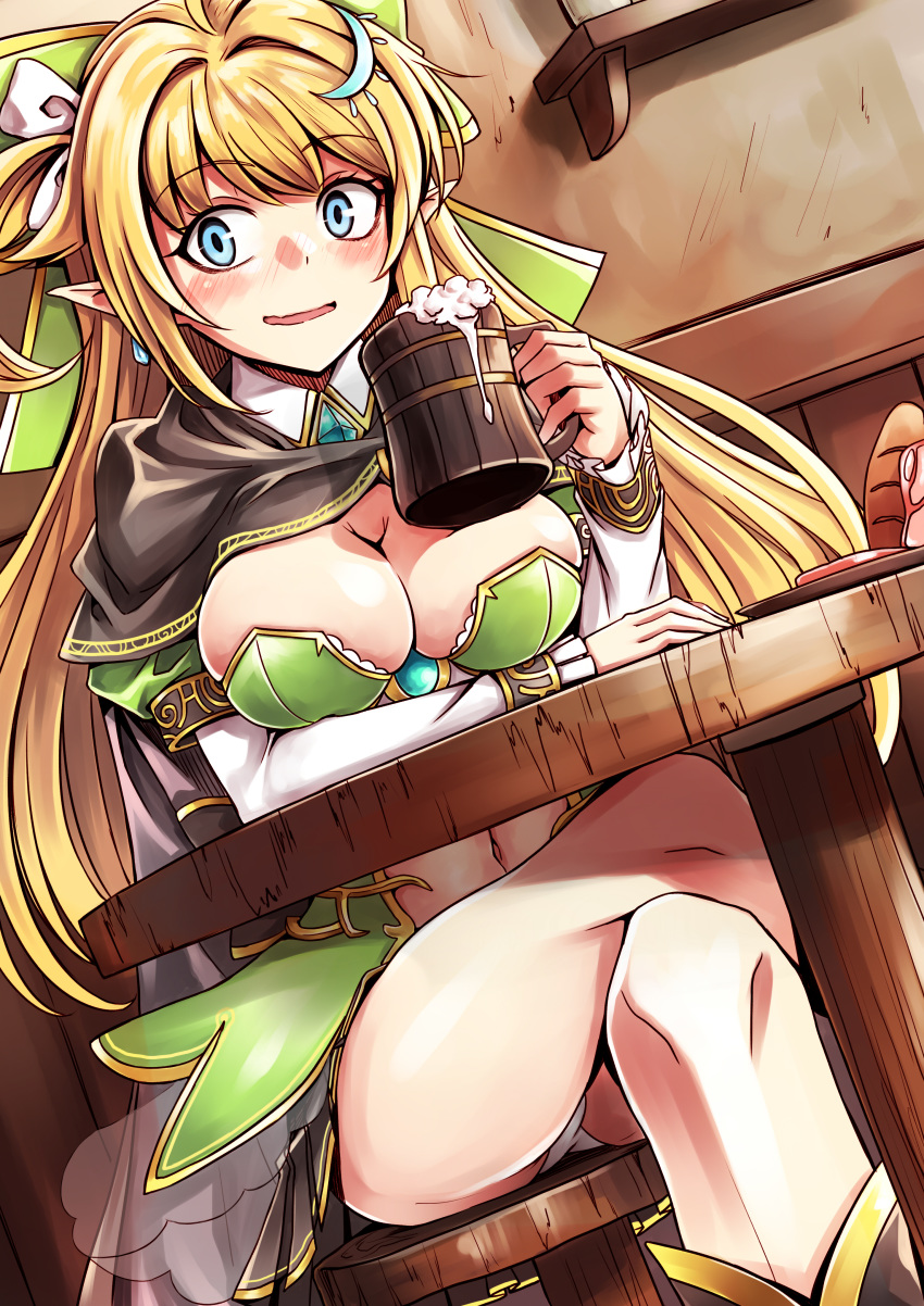 absurdres alcohol black_cape blonde_hair blue_eyes blush bow bread breasts cape cleavage crossed_legs cup dutch_angle earrings elf epic7 food green_bow hair_bow hair_ornament highres indoors jewelry karadborg large_breasts long_hair mug navel pointy_ears shelf silkyia_yula_safayena sitting solo table