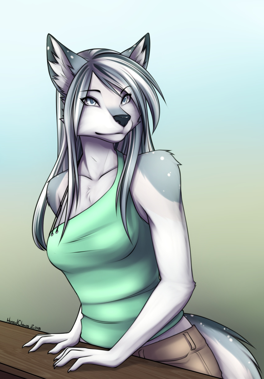 2018 5_fingers anthro black_nose breasts canine clothed clothing digital_media_(artwork) female grey_eyes grey_hair hair hiredclaws mammal solo standing wolf