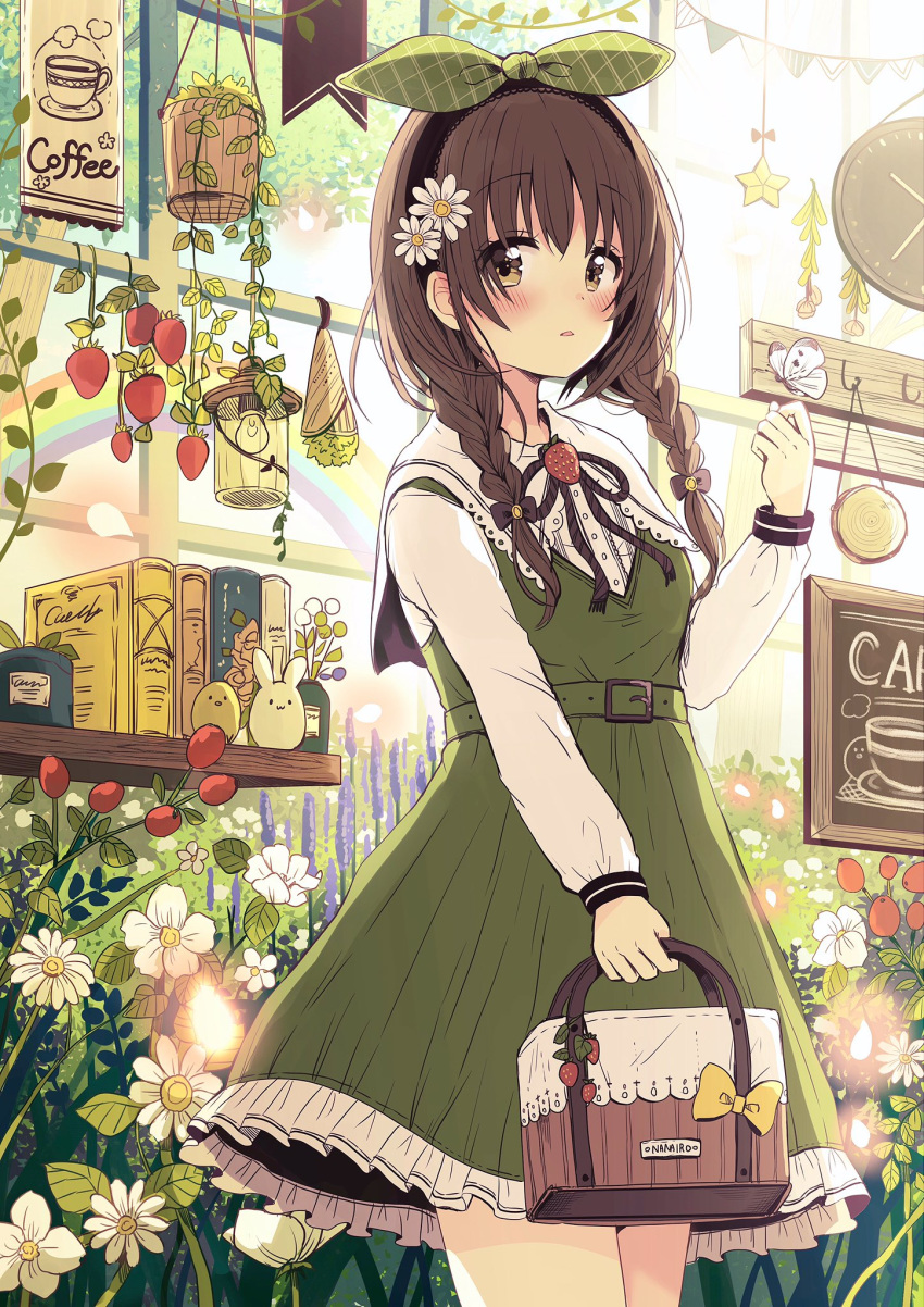 animal bag bangs black_hairband blush braid brown_eyes brown_hair butterfly_on_hand clock commentary_request dress eyebrows_visible_through_hair flower food fruit green_dress green_ribbon hair_between_eyes hair_flower hair_ornament hair_ribbon hairband hand_up highres holding holding_bag long_hair long_sleeves looking_at_viewer low_twintails original parted_lips purple_flower red_flower ribbon sakura_oriko shirt sleeveless sleeveless_dress solo standing strawberry twin_braids twintails wall_clock white_flower white_shirt
