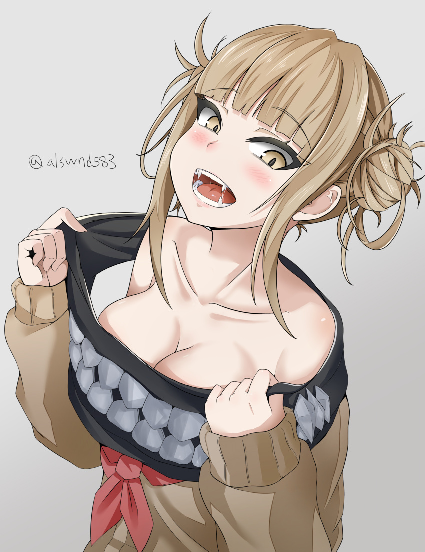absurdres boku_no_hero_academia breasts brown_eyes brown_sweater cleavage collarbone double_bun eyebrows_visible_through_hair fangs grey_background highres light_brown_hair loka135 long_sleeves looking_at_viewer medium_breasts neckerchief open_mouth red_neckwear saliva saliva_trail short_hair sidelocks simple_background solo sweater toga_himiko twitter_username upper_body