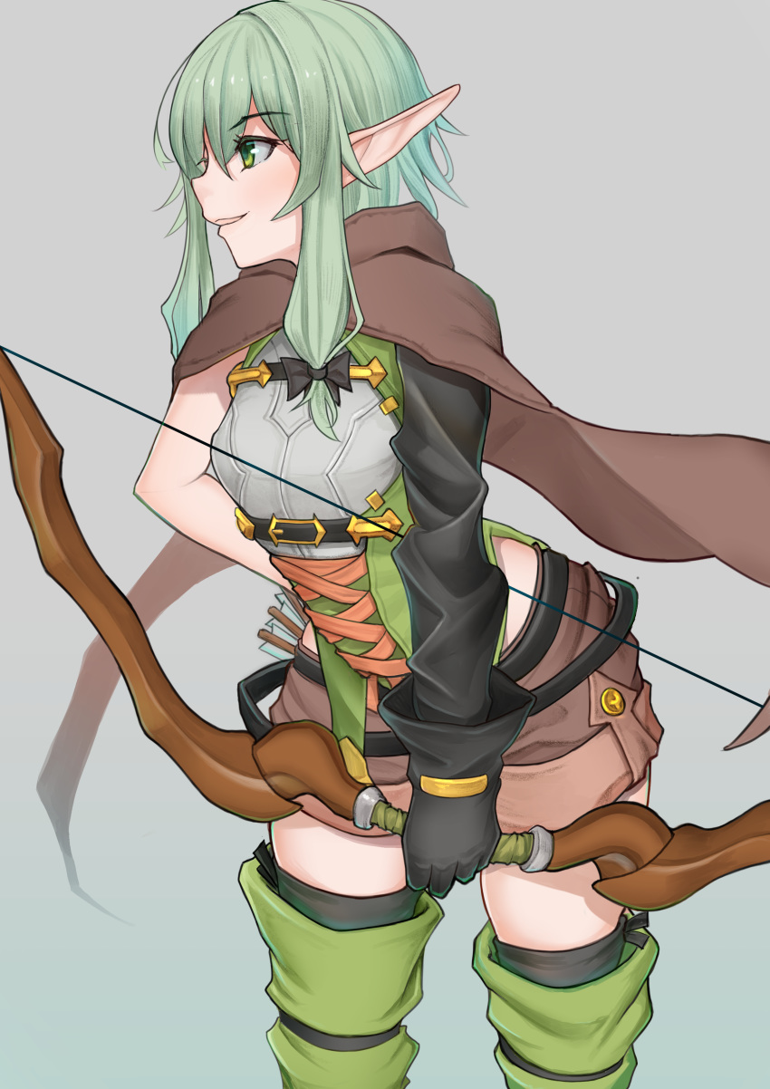 absurdres black_bow boots bow bow_(weapon) breasts brown_shorts cloak elf gatchan goblin_slayer! green_eyes green_hair hair_bow high_elf_archer_(goblin_slayer!) highres hood hooded_cloak looking_to_the_side pointy_ears shorts sidelocks small_breasts smile solo thigh_boots thighhighs weapon