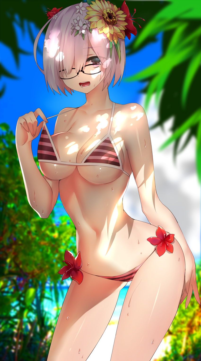 bikini black-framed_eyewear blue_sky blurry blurry_background blurry_foreground breasts cleavage cloud collar day fate/grand_order fate_(series) flower glasses hibiscus highres leaning_forward looking_at_viewer mash_kyrielight medium_breasts navel open_mouth outdoors pink_hair purple_eyes rahato red_flower short_hair sideboob sky solo standing striped striped_bikini swimsuit underboob white_flower yellow_flower