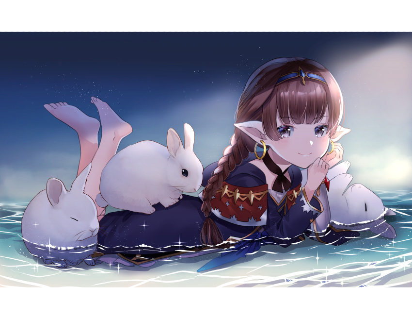 absurdres bangs braided_ponytail brown_hair bunny capelet choker cloak earrings eyebrows_visible_through_hair feet_up granblue_fantasy grey_eyes harvin headband highres jewelry long_sleeves looking_at_viewer lying moon_(granblue_fantasy) myusha on_stomach partially_submerged pointy_ears ribbon_choker short_hair solo sparkle water