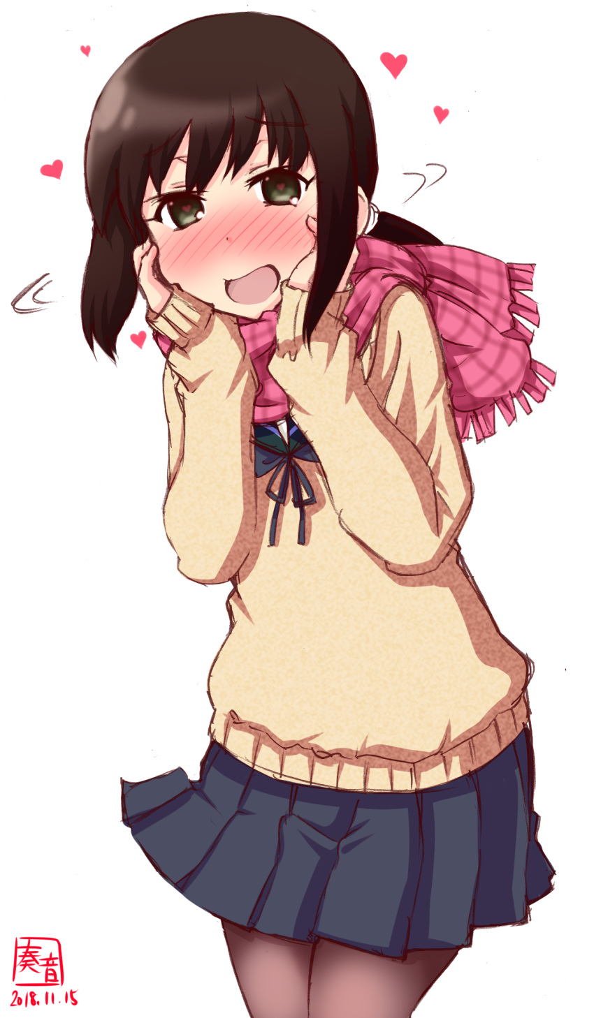 artist_logo beige_sweater birthday black_hair blue_skirt blush brown_legwear commentary_request dated fubuki_(kantai_collection) hands_on_own_face heart heart-shaped_pupils highres kanon_(kurogane_knights) kantai_collection looking_at_viewer lovestruck low_ponytail nose_blush open_mouth pantyhose pink_scarf plaid plaid_scarf pleated_skirt ponytail scarf school_uniform serafuku short_ponytail sidelocks simple_background skirt solo sweater symbol-shaped_pupils white_background