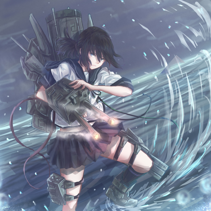 armored_boots black_hair boots cannon closed_mouth commentary_request fubuki_(kantai_collection) highres kantai_collection looking_at_viewer low_ponytail machinery night night_sky ocean pleated_skirt ponytail remodel_(kantai_collection) school_uniform serafuku short_ponytail sidelocks skirt sky solo torpedo torpedo_tubes turret yomi_(yomi14_pyaon)