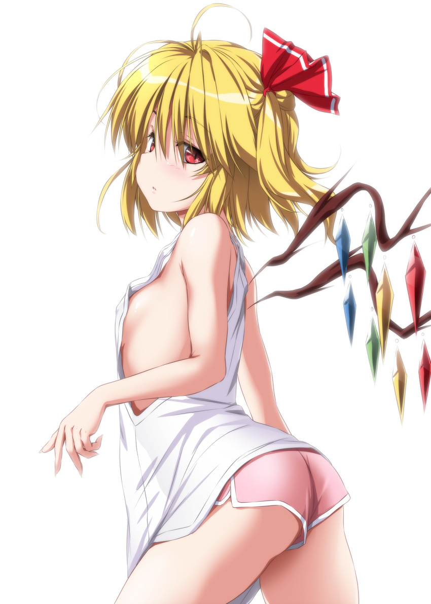 ass bangs bare_arms bare_shoulders blonde_hair boyshorts breasts commentary_request cowboy_shot crystal eyebrows_visible_through_hair fingernails flandre_scarlet from_side hair_between_eyes hair_ribbon half-closed_eyes highres long_fingernails long_hair looking_at_viewer no_bra nori_tamago oversized_clothes parted_lips red_eyes red_ribbon ribbon sideboob simple_background small_breasts solo standing tank_top thighs touhou white_background white_tank_top wings
