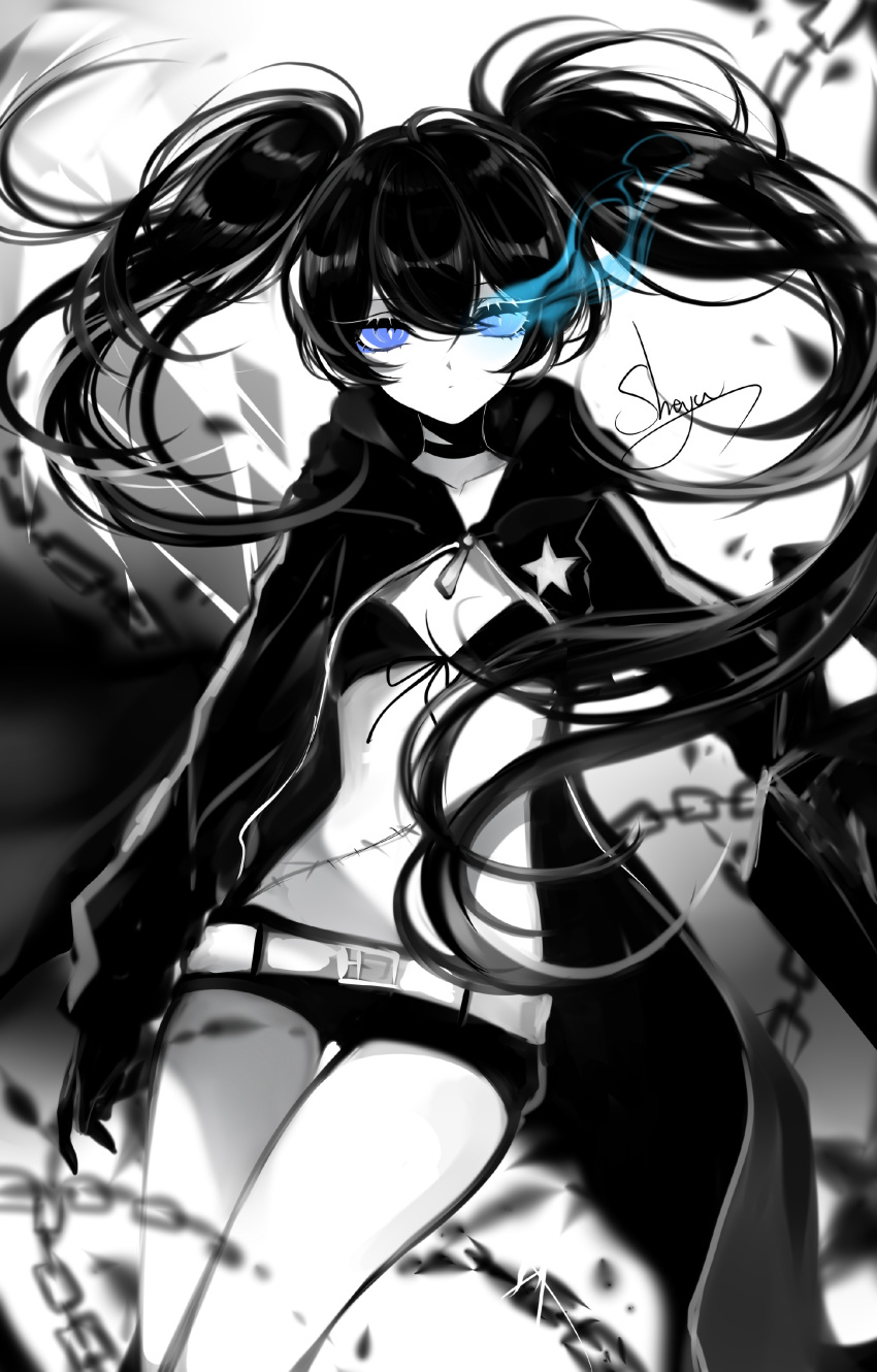 absurdres artist_name bangs bikini_top black_hair black_rock_shooter black_rock_shooter_(character) blue_eyes chain chinese_commentary choker collarbone commentary_request cowboy_shot eyelashes floating_hair front-tie_bikini front-tie_top gloves gradient gradient_background grey_background hair_between_eyes highres hood hooded_jacket jacket limited_palette long_hair long_sleeves looking_at_viewer sheya short_shorts shorts signature solo spot_color star stitches stomach thighs white_background