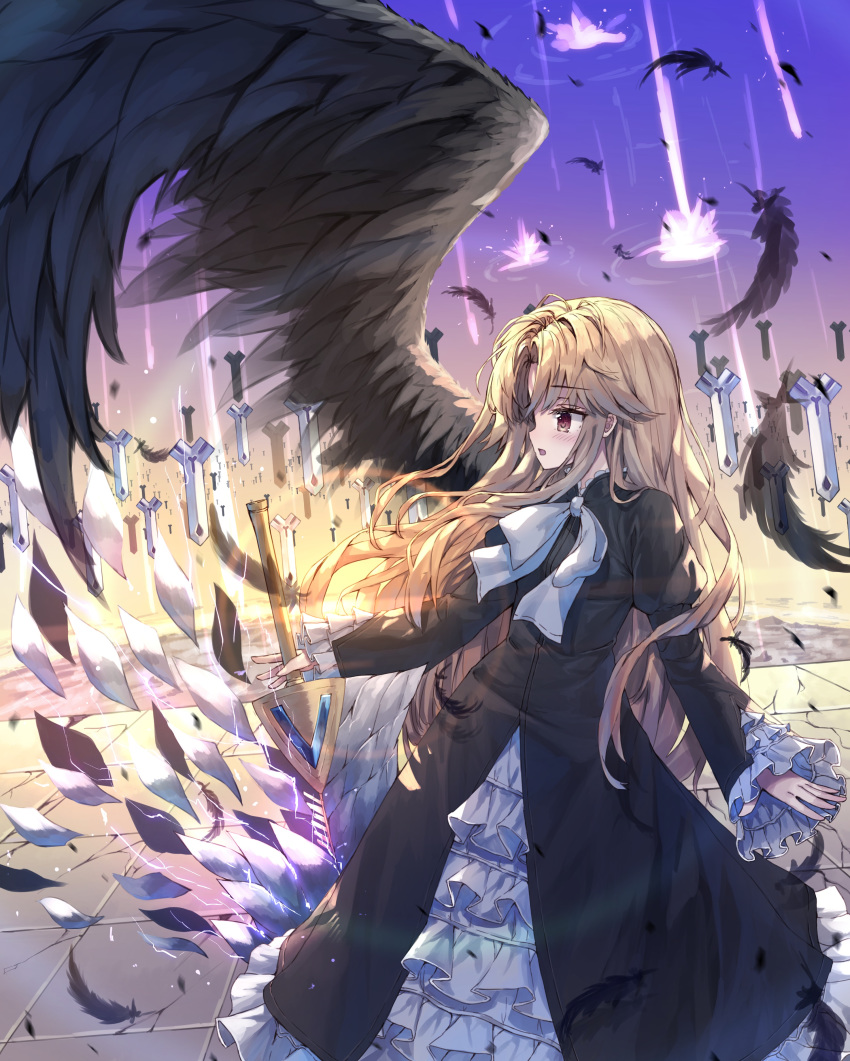 absurdres bangs black_dress blush bow brown_feathers brown_wings dress electricity eyebrows_visible_through_hair feathered_wings feathers glowing hair_between_eyes highres holding holding_sword holding_weapon juliet_sleeves knight_run light_brown_hair long_hair long_sleeves looking_away looking_to_the_side parted_lips profile puffy_sleeves red_eyes sleeves_past_wrists solo standing sword tandohark very_long_hair weapon white_bow wings