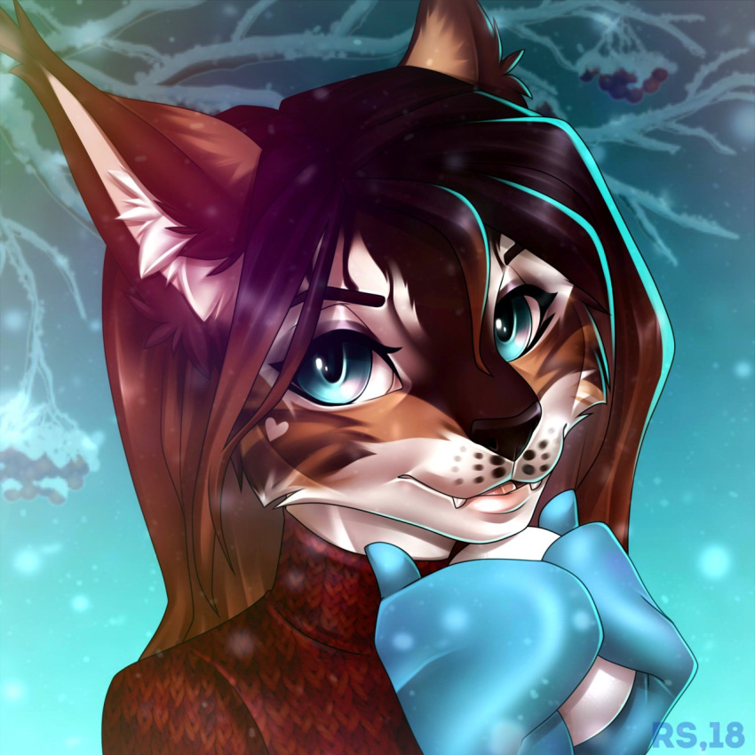 &lt;3 2018 alizea_le_fay anthro bengal_cat biped black_nose blue_eyes brown_ears brown_fur brown_hair bust_portrait ear_tuft eyelashes fangs feline female fur hair inner_ear_fluff lips long_hair looking_at_viewer mammal mittens multicolored_fur portrait radiant_scar snow snowball snowing solo tree tuft turtleneck two_tone_ears white_fur