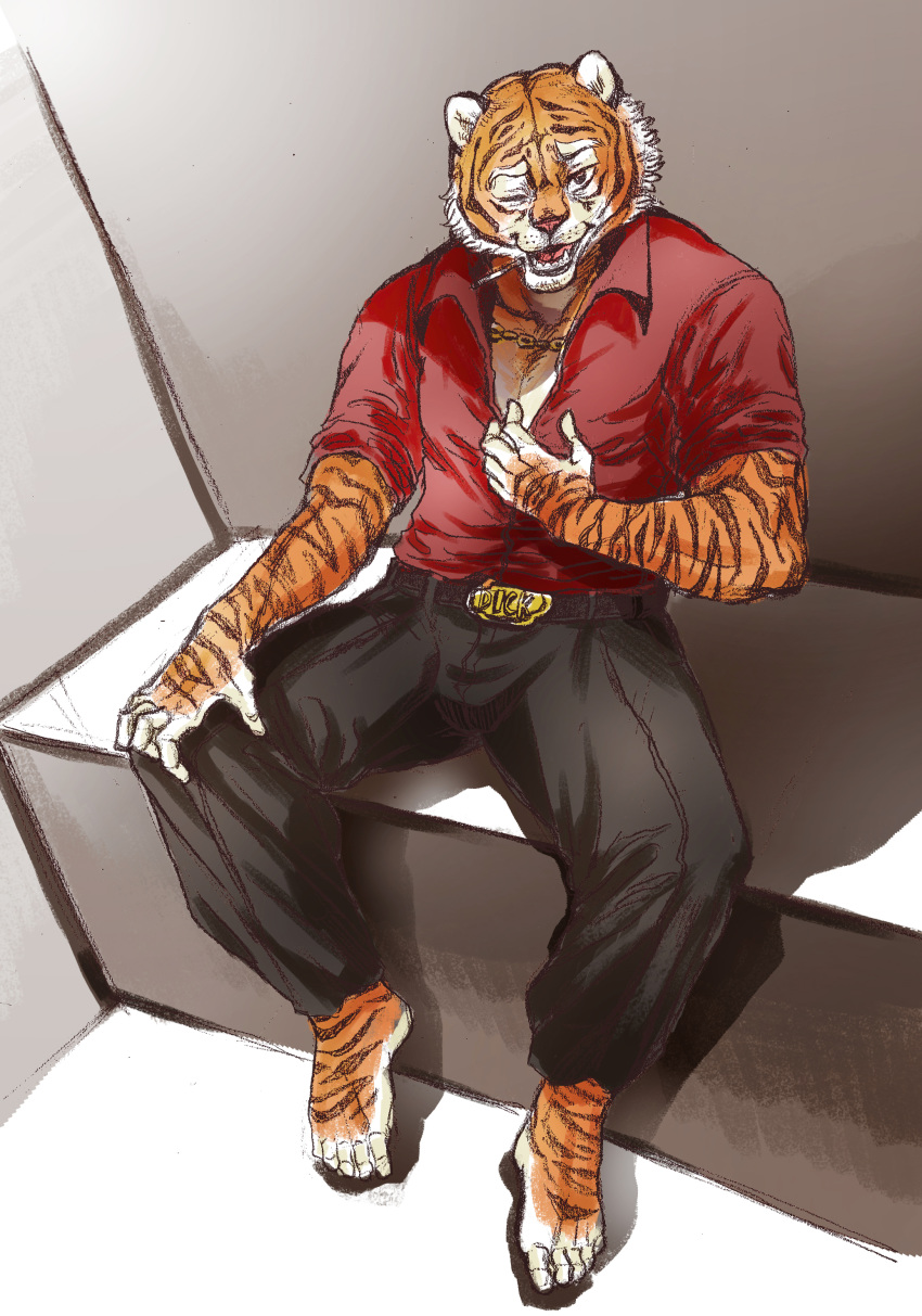 2016 absurd_res amber_eyes anthro barefoot belt black_bottomwear black_clothing black_fur black_stripes bulge by-nc-nd chain cheek_tuft cigarette clothed clothing creative_commons digital_media_(artwork) digital_painting_(artwork) fangs feet feline fingerless_(marking) freckles full-length_portrait fur hand_on_chest hand_on_knee hi_res high-angle_view humanoid_feet humanoid_hands inner_ear_fluff kemono korean male mammal mixed_media multicolored_fur muscular muscular_male muzzle_(marking) one_eye_closed open_mouth open_smile orange_fur pink_nose pink_tongue plantigrade portrait raised_eyebrow red_clothing red_topwear ryonggay sitting smile solo spread_legs spreading striped_fur stripes tiger toeless_(marking) tongue traditional_media_(artwork) tuft white_fur wink