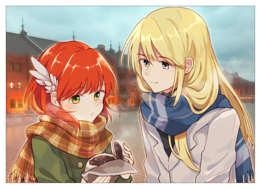 1girl blonde_hair fire_emblem fire_emblem:_rekka_no_ken food green_eyes holding holding_food jacket long_hair lucius priscilla_(fire_emblem) red_hair scarf sisuko1016 smile winged_hair_ornament yellow_eyes