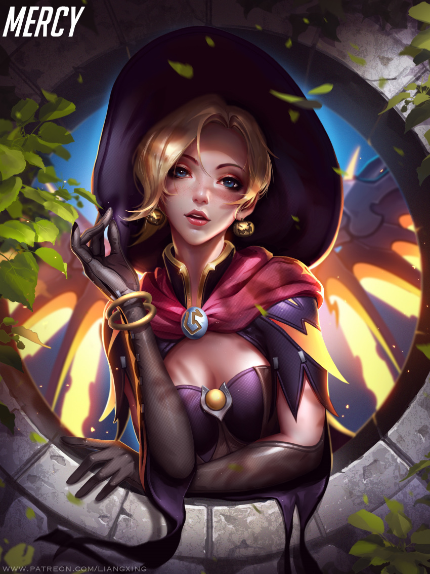 absurdres alternate_costume bad_hands blonde_hair blue_eyes breasts cleavage earrings elbow_gloves food_themed_earrings gloves hat highres jewelry liang_xing looking_at_viewer medium_breasts mercy_(overwatch) overwatch parted_lips pumpkin_earrings solo witch_hat witch_mercy
