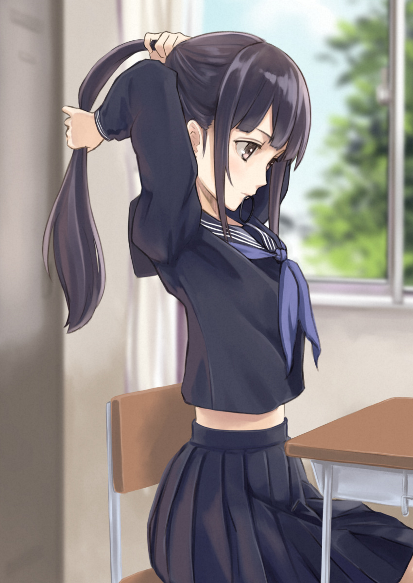 arms_up ashiya_hiro black_sailor_collar black_serafuku black_shirt black_skirt blue_neckwear blue_sky blurry blurry_background blush brown_eyes brown_hair bunching_hair chair closed_mouth commentary_request day depth_of_field desk hair_tie hair_tie_in_mouth highres indoors long_sleeves looking_away mouth_hold neckerchief on_chair original pleated_skirt ponytail sailor_collar school_chair school_desk school_uniform serafuku shirt sidelocks sitting skirt sky solo tying_hair window