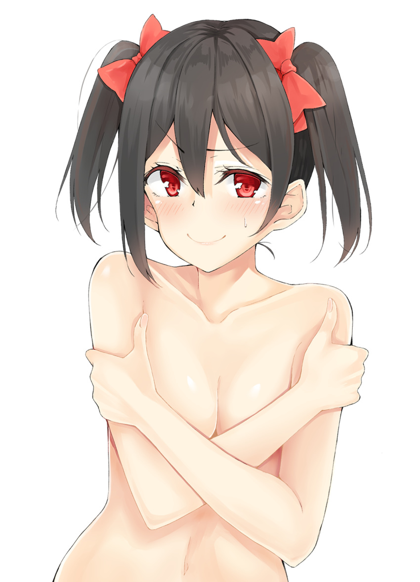 10s 1girl black_hair blush bow breasts covering covering_breasts eyebrows_visible_through_hair flat_(joppin_karu!) hair_bow looking_at_viewer love_live! love_live!_school_idol_project medium_hair navel nude red_eyes simple_background small_breasts smile solo sweatdrop tied_hair upper_body white_background yazawa_nico
