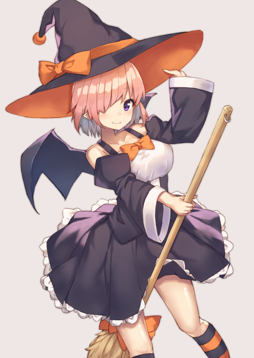 absurdres black_hat black_skirt black_sleeves black_wings bow bowtie broom collarbone detached_sleeves eyebrows_visible_through_hair fate/grand_order fate_(series) frilled_skirt frills grey_background hair_bow hair_over_one_eye hair_ribbon hat highres holding holding_broom kneehighs long_sleeves looking_at_viewer mash_kyrielight miniskirt orange_bow orange_ribbon pink_hair pointy_ears purple_eyes ribbon shiny shiny_hair short_hair simple_background skirt smile solo standing striped striped_legwear wings witch witch_hat yuuki_nao_(pixiv10696483)