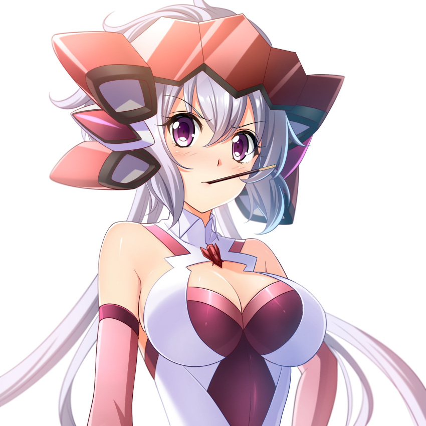 arms_at_sides artist_request backlighting bangs bare_shoulders blush breasts cleavage cleavage_cutout closed_mouth elbow_gloves food gloves hair_between_eyes headgear highres large_breasts lavender_hair long_hair looking_at_viewer low_twintails mouth_hold pocky purple_eyes senki_zesshou_symphogear simple_background sleeveless solo source_request symphogear_pendant twintails upper_body v-shaped_eyebrows white_background wing_collar yukine_chris