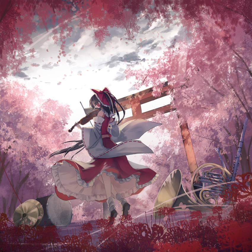 bare_shoulders black_footwear black_hair bow cherry_blossoms closed_eyes commentary_request copyright_name cymbals detached_sleeves drum flower forest french_horn frilled_shirt_collar frills full_body grey_sky hair_bow hakurei_reimu half_updo highres holding holding_instrument instrument long_hair long_sleeves midriff nature outdoors petticoat red_bow red_flower red_skirt shoes skirt socks solo thkani torii touhou tree violin violin_bow white_legwear wide_sleeves