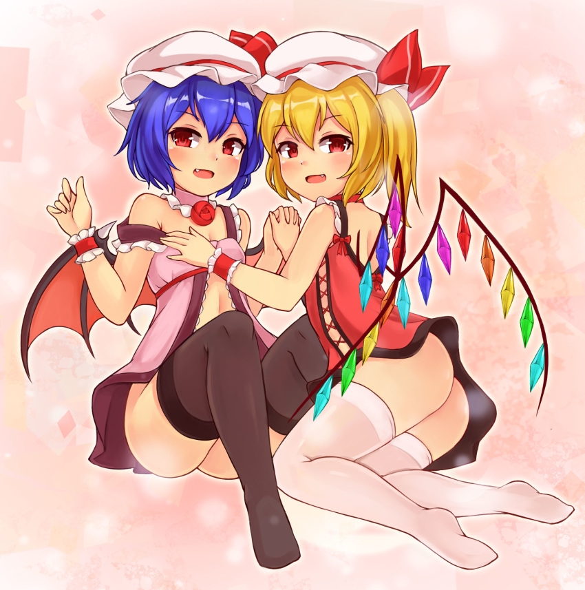 ass babydoll bat_wings black_legwear black_wings blonde_hair blue_hair bushi_(1622035441) crystal detached_collar fang flandre_scarlet full_body hat hat_ribbon highres holding_hands interlocked_fingers knees_up looking_at_viewer mob_cap multiple_girls no_panties no_shoes off_shoulder one_side_up open_mouth red_eyes remilia_scarlet ribbon short_hair siblings sisters sitting smile thighhighs touhou white_legwear wings wrist_cuffs