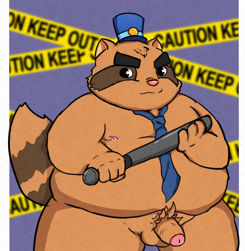 2018 absurd_res alice_detective_bureau anthro balls baton brown_fur english_text eyebrows flaccid fur hat hi_res humanoid_hands inspector_arai kusosensei male mammal moobs mostly_nude necktie nipples overweight overweight_male penis procyonid pubes raccoon simple_background solo text thick_eyebrows