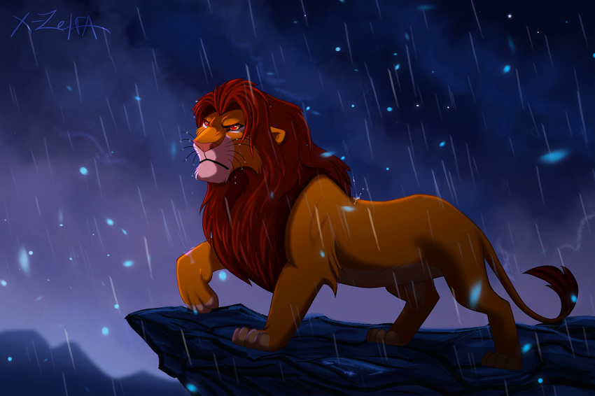 2015 detailed_background digital_media_(artwork) disney feline feral hair lion mammal paws raining red_eyes red_hair simba solo standing the_lion_king x-zelfa
