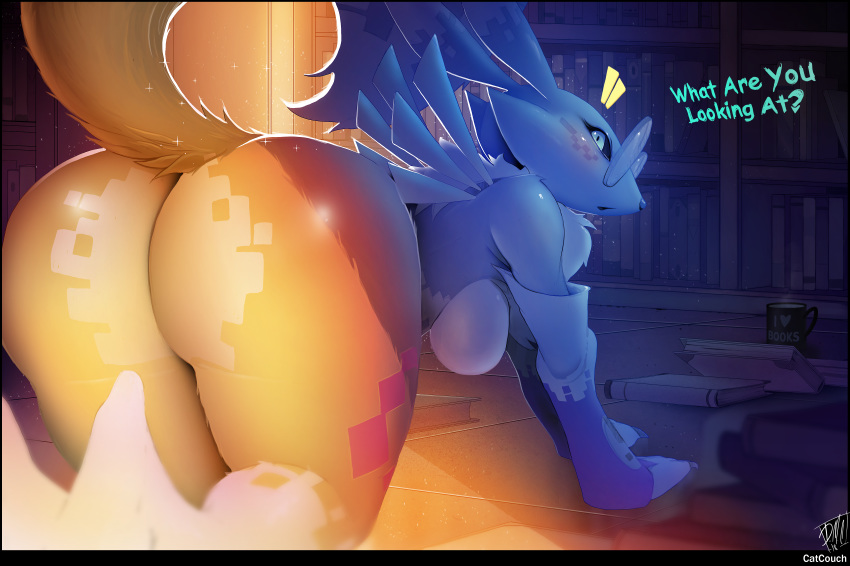 &lt;3 2018 absurd_res all_fours anthro big_butt book breasts butt catcouch clothing data_(wouhlven) detailed_background dialogue digimon digimon_(species) english_text eyewear female glasses gloves hi_res library looking_at_viewer looking_back mostly_nude rear_view renamon solo text