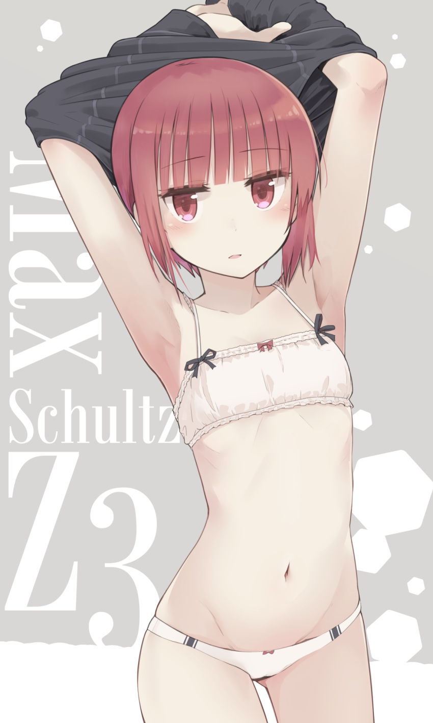 armpits banned_artist bow bow_bra bow_panties bra clothes_removed commentary_request flat_chest hat highres kantai_collection looking_at_viewer navel panties red_eyes red_hair ribbon_bra sailor_hat short_hair solo underwear underwear_only yopan_danshaku z3_max_schultz_(kantai_collection)