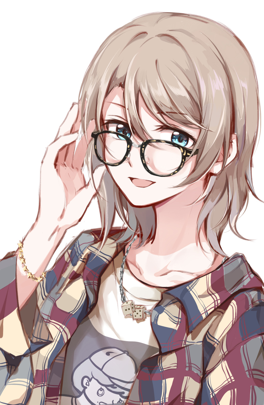 absurdres blue_eyes bracelet casual checkered gemi_25 glasses grey_hair highres jewelry looking_at_viewer love_live! love_live!_sunshine!! necklace open_mouth shirt short_hair silver_hair smile solo t-shirt upper_body watanabe_you white_background