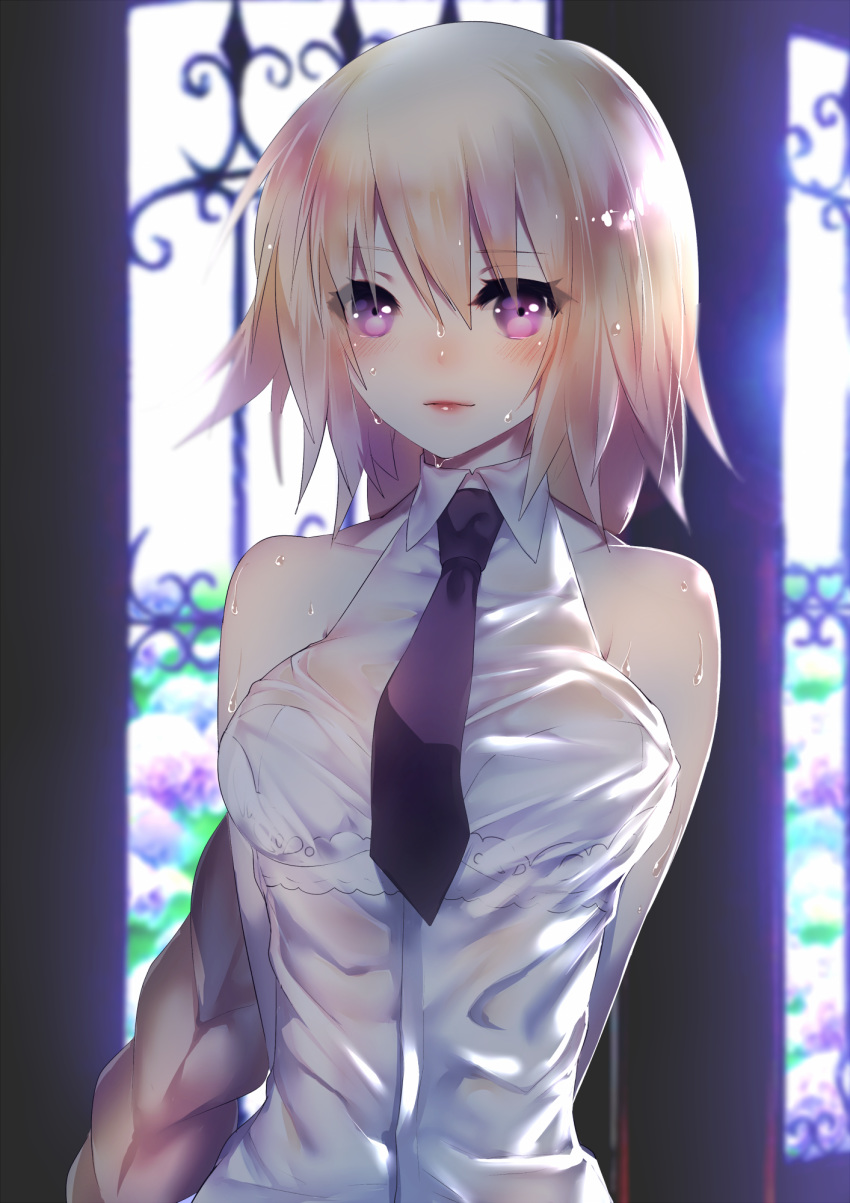 arms_behind_back backlighting black_neckwear blonde_hair blush bra braid braided_ponytail dress dress_shirt eyebrows_visible_through_hair fate/apocrypha fate_(series) floating_hair hair_between_eyes highres indoors jeanne_d'arc_(fate) jeanne_d'arc_(fate)_(all) long_hair looking_at_viewer necktie parted_lips purple_eyes rahato see-through shirt single_braid sleeveless sleeveless_shirt solo underwear upper_body very_long_hair wet wet_clothes wet_dress wet_hair white_bra white_dress