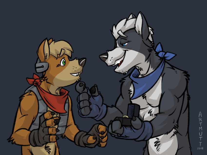 anthro bottomless canine clothed clothing duo fox fox_mccloud k-9 male male/male mammal muscular muscular_male nintendo nude proposal ring star_fox video_games wolf wolf_o'donnell