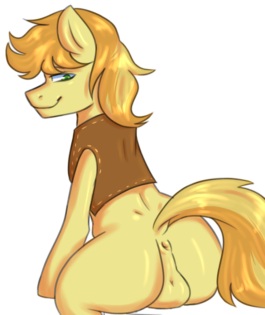 anus balls bottomless braeburn_(mlp) butt clothed clothing digital_media_(artwork) equine friendship_is_magic horse looking_back male mammal my_little_pony pony secrets-from-dark simple_background smile solo vest white_background