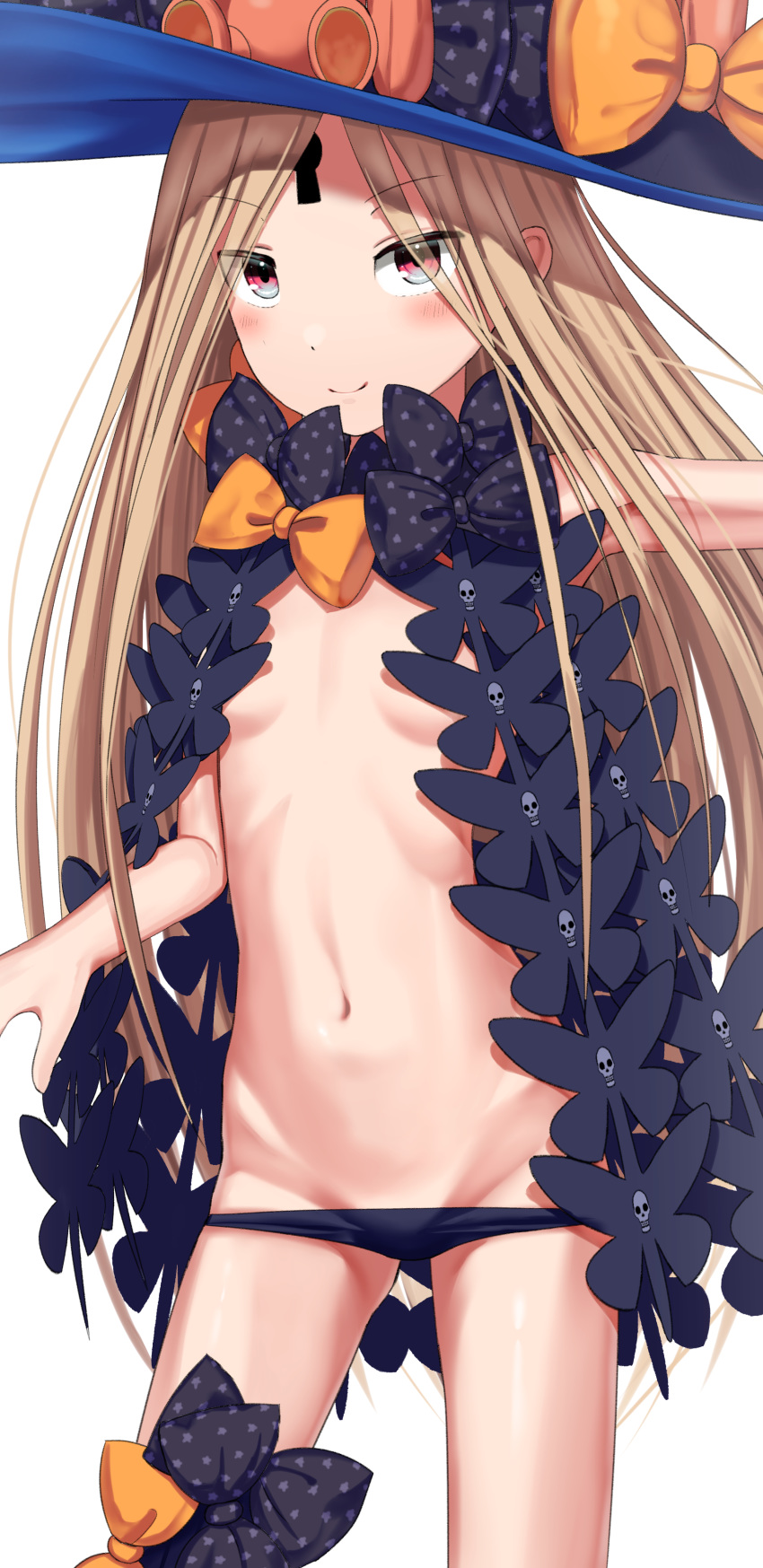 abigail_williams_(fate/grand_order) absurdres bangs black_bow black_hat black_panties blonde_hair blush bow closed_mouth commentary_request eyebrows_visible_through_hair fate/grand_order fate_(series) groin hat hat_bow highres keyhole long_hair looking_at_viewer lowleg lowleg_panties navel orange_bow panties parted_bangs print_bow red_eyes revealing_clothes sanbe_futoshi skull_print smile solo star star_print stuffed_animal stuffed_toy teddy_bear topless underwear very_long_hair witch_hat