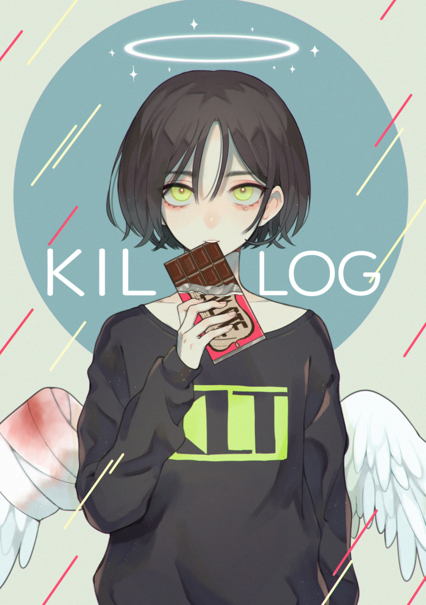 arm_at_side arm_up bangs black_shirt blood bloody_wings chocolate_bar commentary english_commentary feathered_wings green_eyes halo highres kirudai long_bangs long_sleeves looking_at_viewer male_focus original shirt short_hair solo spread_wings white_wings wings