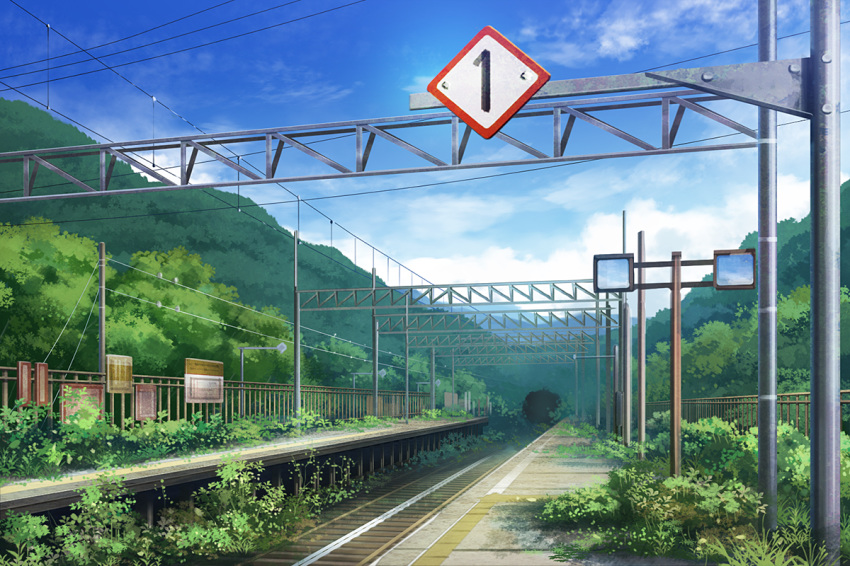 cloud day fence hill mirror no_humans original outdoors overgrown plant power_lines railroad_tracks rural scenery shi_yu sign sky train_station tunnel vines