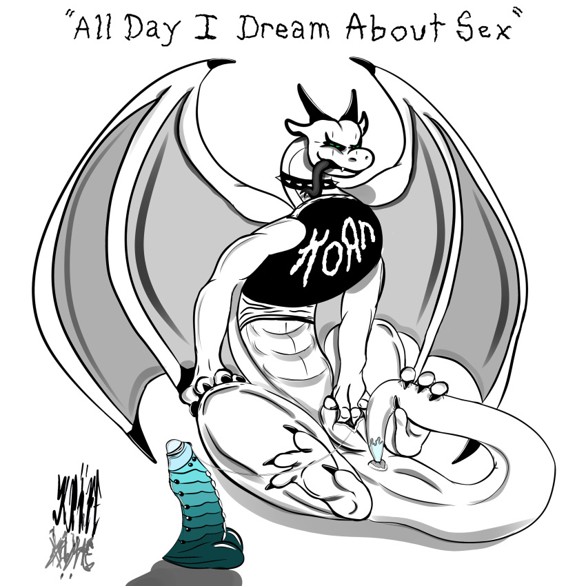2018 abs absurd_res anal anus bad_dragon band black_sclera black_tongue bottomless claws clothed clothing collar cuntboy dildo dragon dreki fangs feet feral forked_tongue green_eyes hi_res horn intersex korn krahe masturbation metal paws pussy scales sex_toy shirt smile smirk tail_masturbation tongue white_scales wings