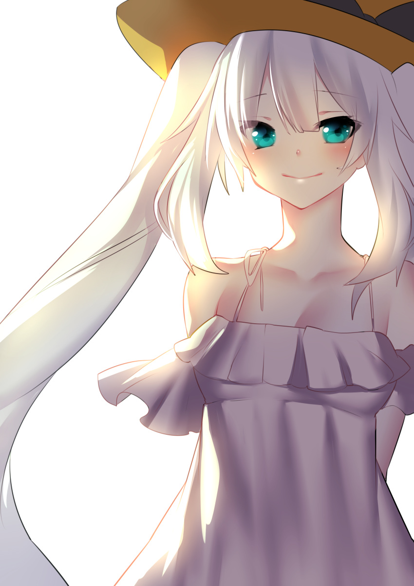 absurdres arm_strap arms_behind_back blue_eyes blush breasts cleavage collarbone dress eyebrows_visible_through_hair fate/grand_order fate_(series) floating_hair hair_between_eyes hat highres long_hair looking_at_viewer marie_antoinette_(fate/grand_order) outdoors rahato silver_hair simple_background sleeveless sleeveless_dress small_breasts smile solo sundress twintails upper_body very_long_hair white_background white_dress