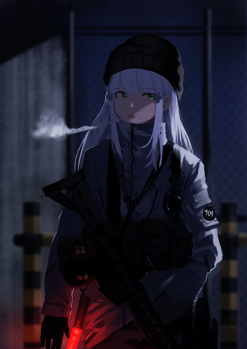 absurdres assault_rifle bangs beanie blunt_bangs blurry blurry_background breasts breathing coat commentary_request eyebrows_visible_through_hair facial_mark girls_frontline gloves glowstick green_eyes gun hair_ornament hat heckler_&amp;_koch highres hk416 hk416_(girls_frontline) holding holding_gun holding_weapon ihobus light load_bearing_equipment long_hair looking_at_viewer medium_breasts night rifle silver_hair solo teardrop very_long_hair weapon