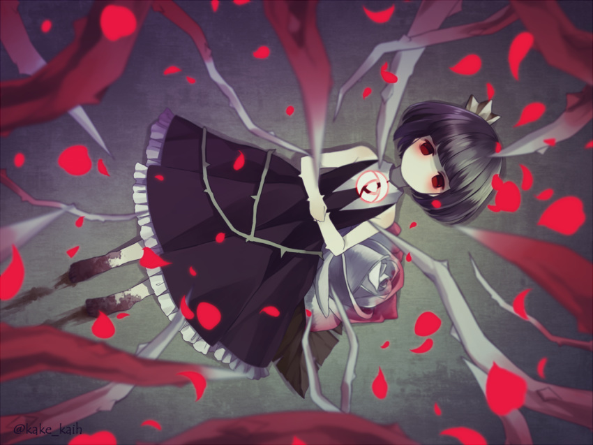 bare_shoulders barefoot black_dress black_hair blush crown dress flower from_above hands_on_own_stomach kake_(kuromitsu) looking_at_viewer lying mini_crown no_mouth on_back own_hands_together petals red_eyes rose rose_(rose_to_tasogare_no_kojou) rose_to_tasogare_no_kojou short_hair sleeveless sleeveless_dress solo thorns twitter_username white_flower white_rose