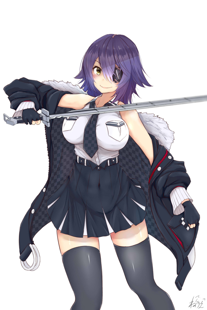 absurdres black_gloves blush breast_pocket breasts checkered checkered_neckwear collarbone collared_shirt commentary_request covered_navel cowboy_shot eyepatch gloves hair_over_one_eye high-waist_skirt highres kantai_collection large_breasts looking_at_viewer navel necktie neve off_shoulder partly_fingerless_gloves pocket purple_hair shirt short_hair skirt sleeveless sleeveless_shirt smile solo tenryuu_(kantai_collection) thighhighs white_shirt yellow_eyes zettai_ryouiki