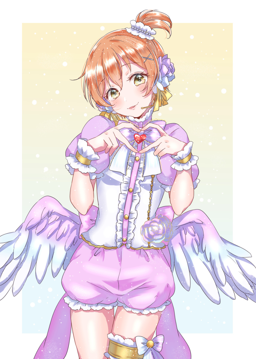 angel_wings blush bow bowtie center_frills cowboy_shot feathered_wings finger_heart flower frilled_shorts frills gradient gradient_background hair_flower hair_ornament hair_ribbon head_tilt headset heart highres hoshizora_rin kaisou_(0731waka) looking_at_viewer love_live! love_live!_school_idol_project orange_hair pink_flower pink_neckwear pink_rose pink_shorts ribbon rose short_hair short_sleeves shorts side_ponytail smile solo striped striped_bow striped_neckwear thigh_gap thighlet wings wrist_cuffs x_hair_ornament yellow_eyes yellow_ribbon