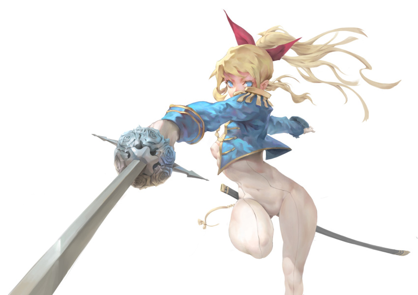 blonde_hair blue_eyes bow floral_print gloves hair_bow highres holding holding_weapon medium_hair original ponytail rapier rose_print scabbard see-through sheath simple_background skin_tight solo sword weapon white_background yamacannon