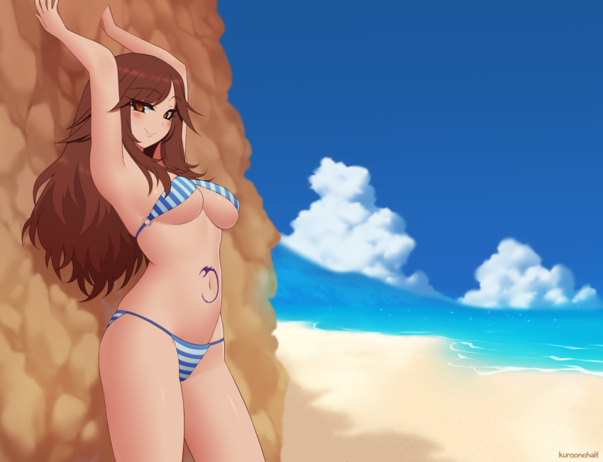 arms_up artist_name beach bikini blue_sky breasts brown_eyes brown_hair cloud commentary commission day eyebrows_visible_through_hair eyes_visible_through_hair kuroonehalf long_hair looking_at_viewer medium_breasts navel o-ring o-ring_top original outdoors rock sky smile solo stomach_tattoo striped striped_bikini swimsuit tattoo