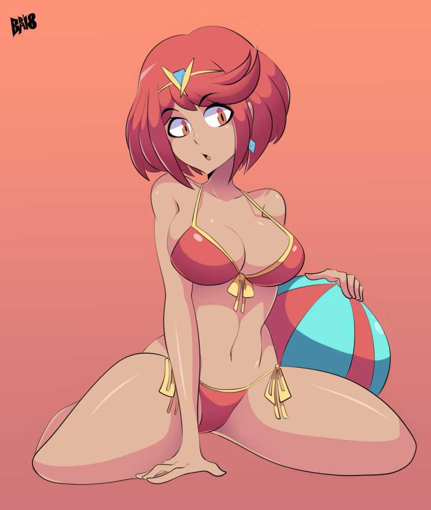 bad_id bad_tumblr_id ball bangs bare_shoulders beachball bigdead93 bikini breasts cleavage collarbone earrings eyebrows_visible_through_hair eyes_visible_through_hair full_body gradient gradient_background highres homura_(xenoblade_2) jewelry kneeling large_breasts navel open_mouth red_background red_bikini red_bikini_bottom red_bikini_top red_eyes red_hair short_hair signature solo swept_bangs swimsuit tiara toon xenoblade_(series) xenoblade_2