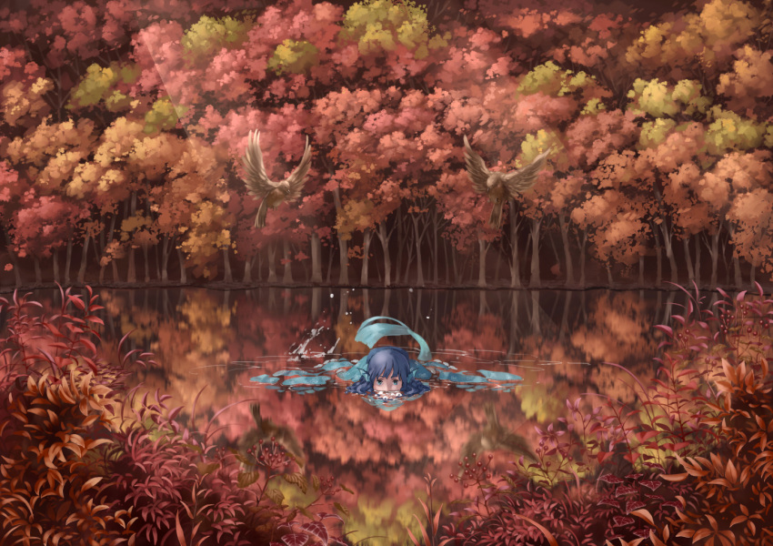 autumn autumn_leaves bird blue_eyes blue_hair bubble bush commentary floating_hair forest head_fins lake looking_at_viewer mermaid monster_girl nagi_(xx001122) nature outdoors partially_submerged reflection scenery solo sunlight swimming tail touhou wakasagihime