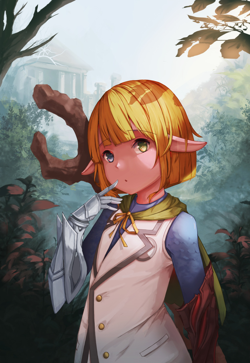 :o absurdres armor bangs blonde_hair blue_eyes capelet elf eyebrows_visible_through_hair finger_to_mouth forest gauntlets green_capelet green_eyes heterochromia highres jacket jj33jj55 long_sleeves looking_at_viewer mare_bello_fiore nature otoko_no_ko overlord_(maruyama) parted_lips pointy_ears ribbon short_hair solo staff wooden_staff