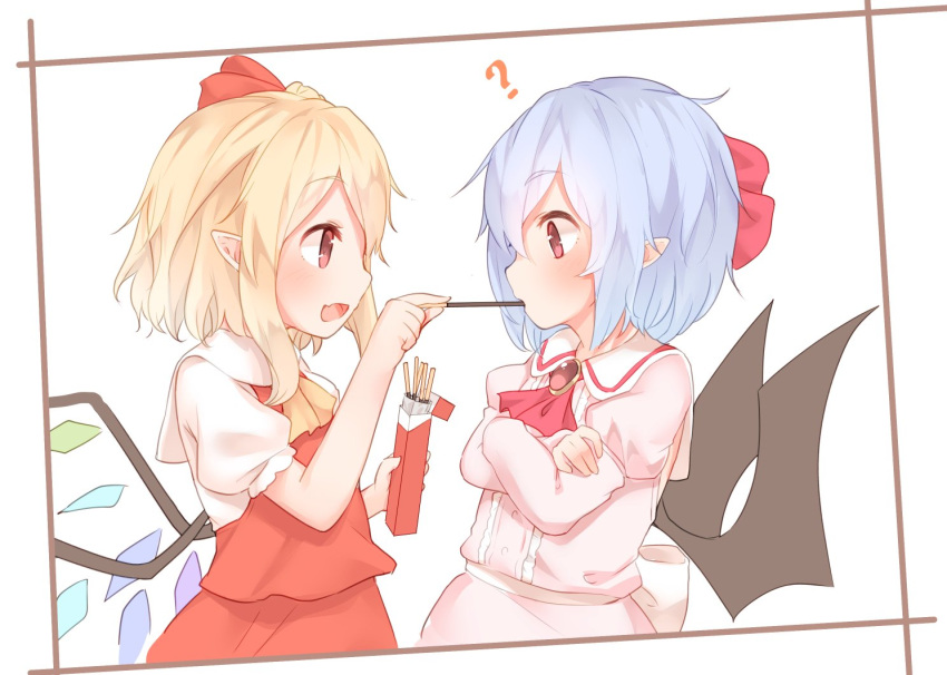 ? ascot bat_wings black_wings blonde_hair blue_hair blush brooch commentary_request crossed_arms crystal flandre_scarlet food from_side jewelry long_hair long_sleeves multiple_girls open_mouth pink_shirt pocky pointy_ears puffy_sleeves red_eyes red_neckwear red_skirt red_vest remilia_scarlet sakurea shirt siblings sisters skirt skirt_set smile touhou upper_body vest white_shirt wings yellow_neckwear